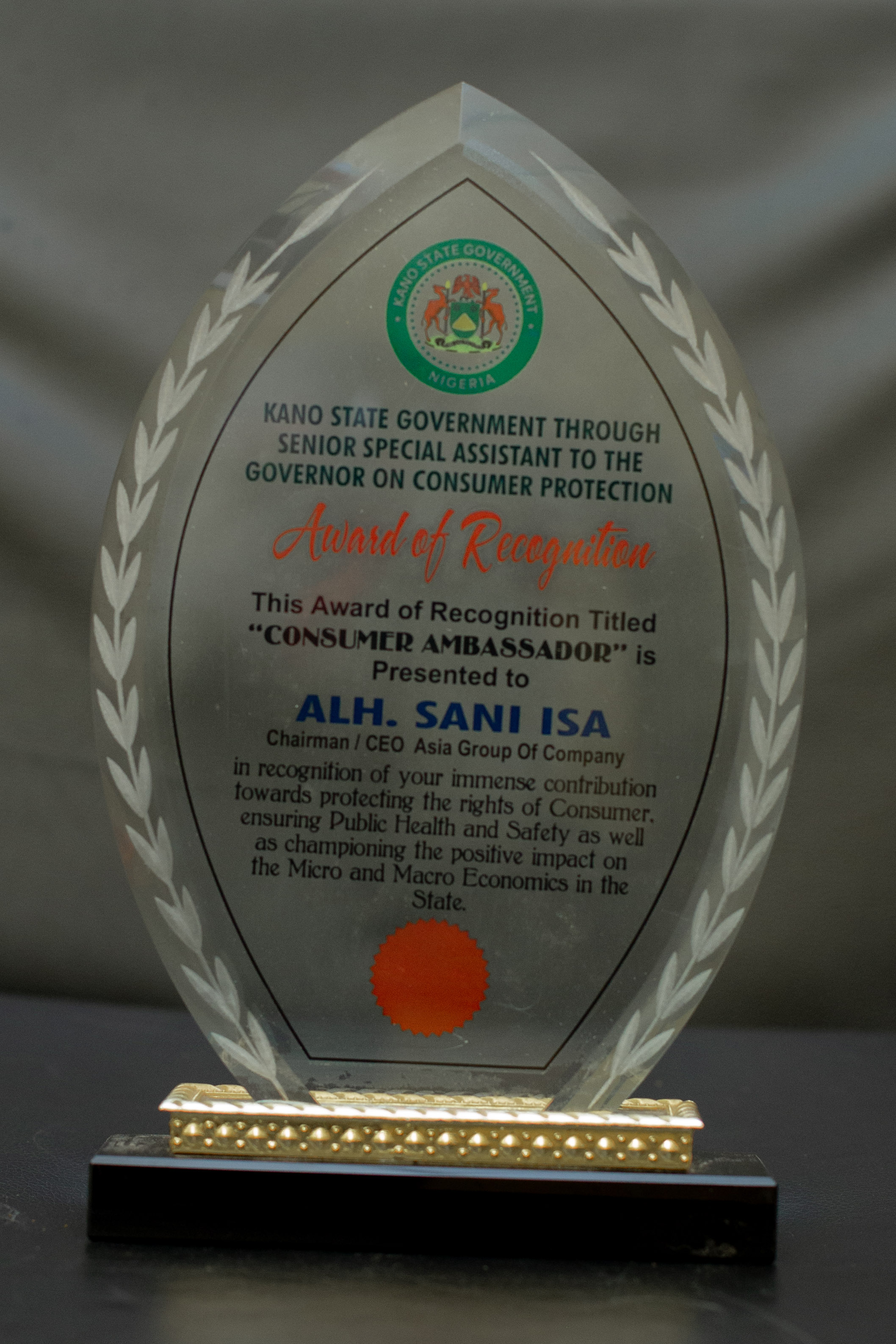 Award of Recognition - Consumer Ambassador